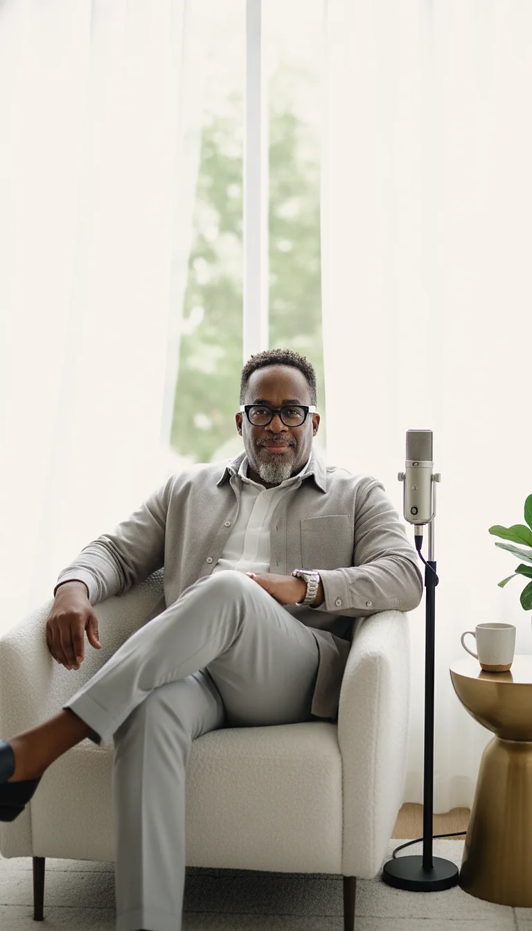 Kenneth Lamor Bridgett seated in an armchair beside a studio microphone
